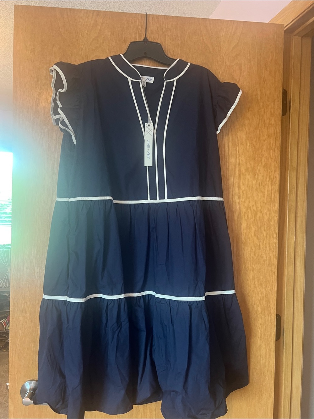 She + Sky Navy Dress with White Trim